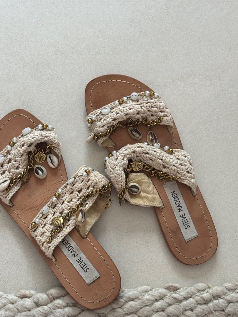 Steve Madden Beige Crochet Shell Slide Sandals with Gold Accents